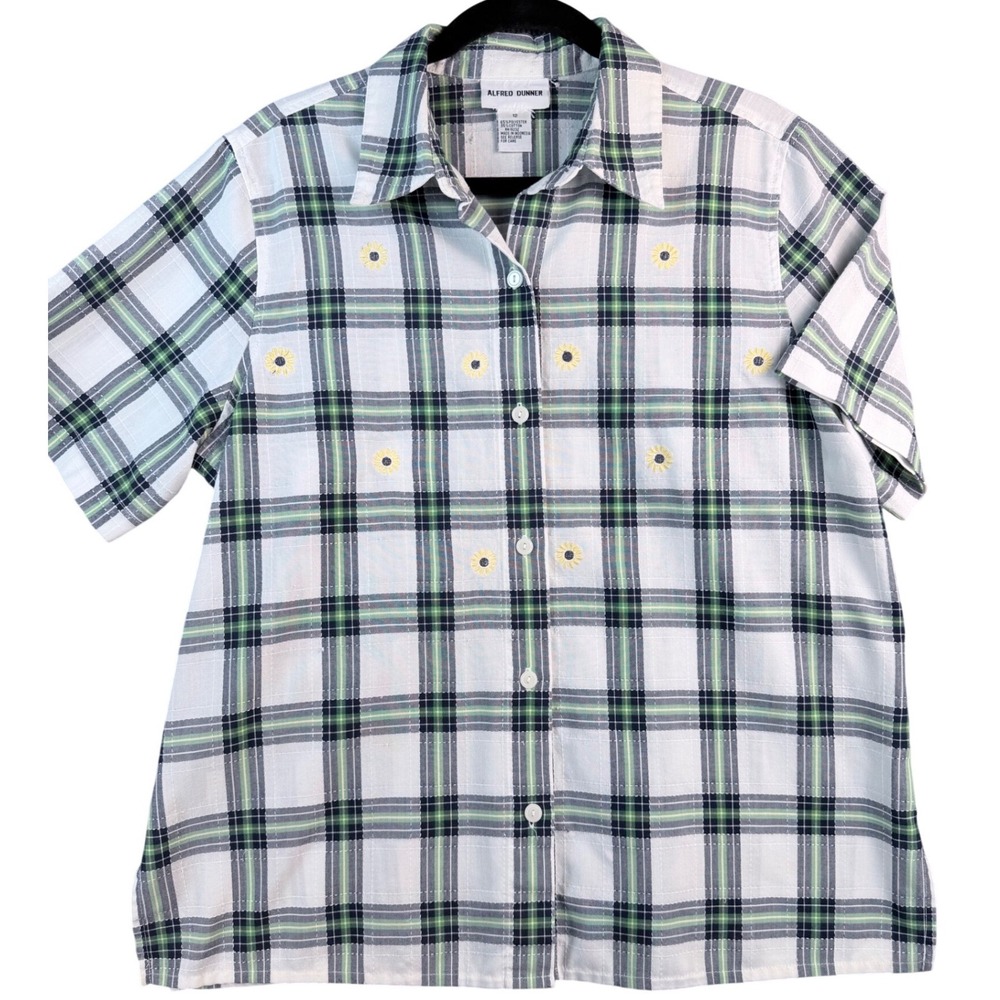 Vintage Alfred Dunner Plaid Sunflower Embroidered Button Up Shirt Green Navy 12
